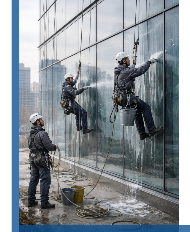 Промышленная мойка панорамных окон на высоте в Нальчике