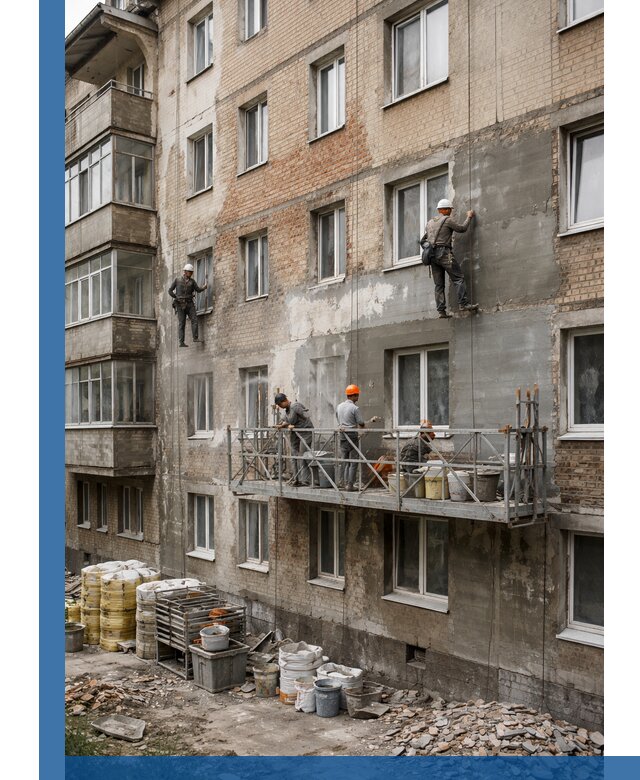 Капитальный ремонт фасада в Нальчике с восстановлением и гидроизоляцией