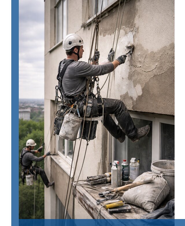 Косметический ремонт фасада зданий в Нальчике промышленными альпинистами