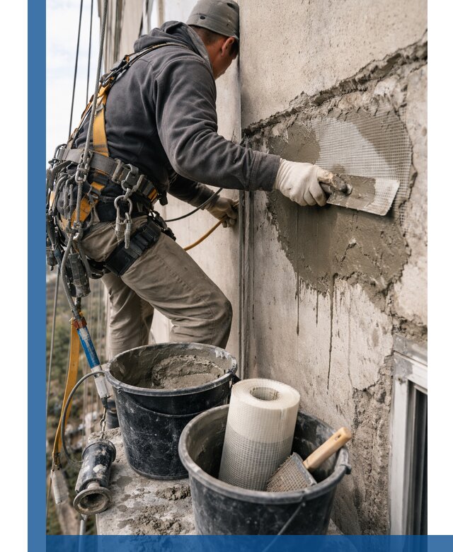 Ремонт бетонных элементов фасада промышленными альпинистами в Нальчике