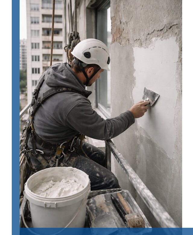 Шпаклевка фасадов на высоте с промальпинистами в Нальчике