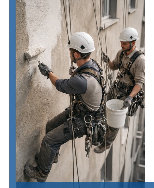 Грунтовка фасада на высоте в Нальчике промышленными альпинистами