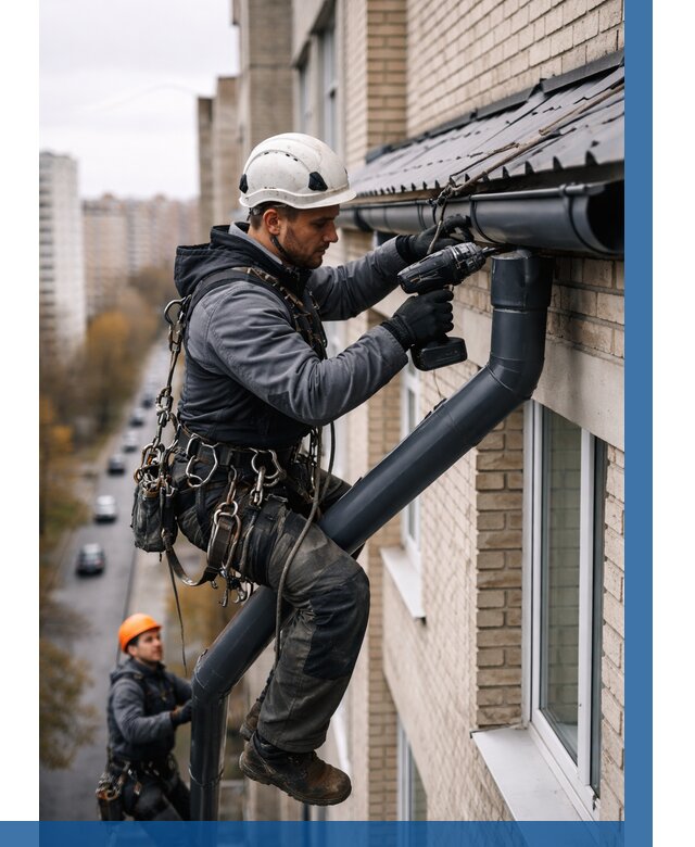 Монтаж водосточной системы на здании в Нальчике от 5182 р. | ВЫСОТНИК-Нль