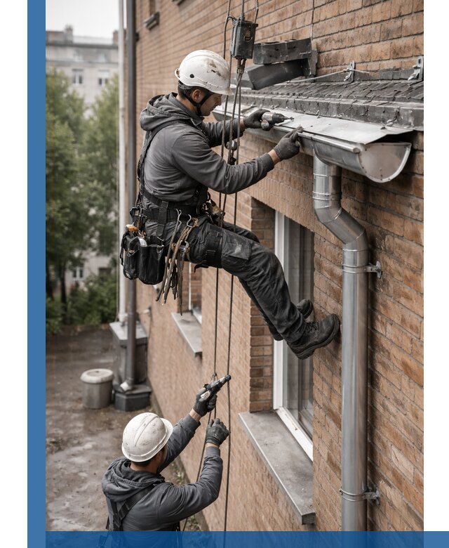 Монтаж водосточной системы на здании в Нальчике под ключ