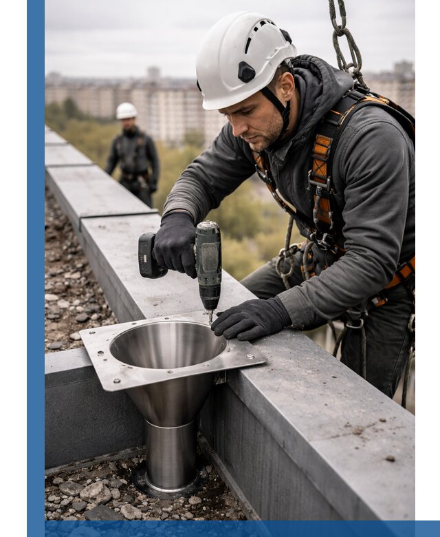 Монтаж водосточных воронок в Нальчике для промышленных зданий