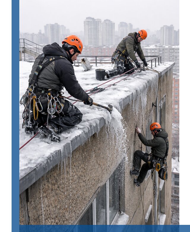 Удаление наледи с кровли в Нальчике промышленными альпинистами