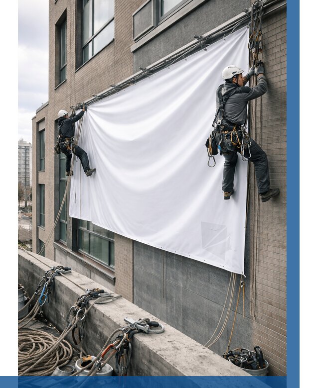 Монтаж баннеров на фасаде в Нальчике от 674 р. заказать ВЫСОТНИК-Нль