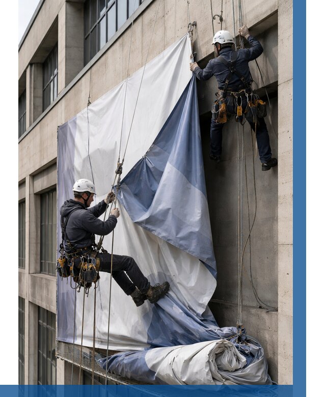 Демонтаж баннеров с фасада в Нальчике от 4663 р. | ВЫСОТНИК-Нль