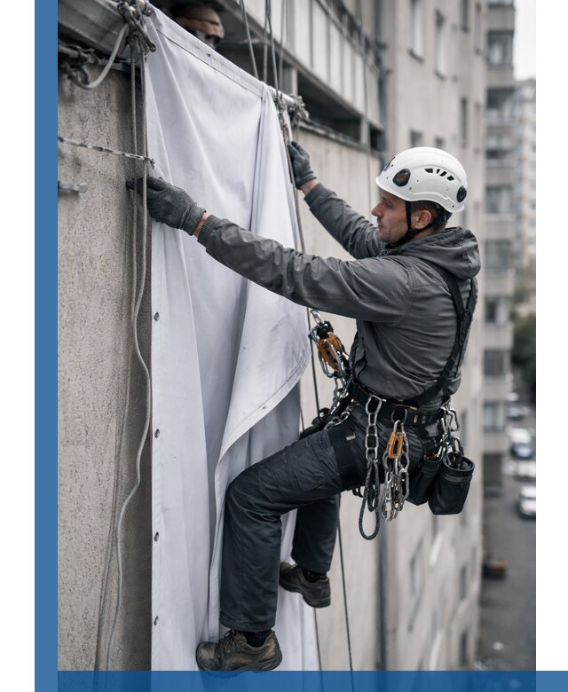 Замена баннерного полотна промышленными альпинистами в Нальчике