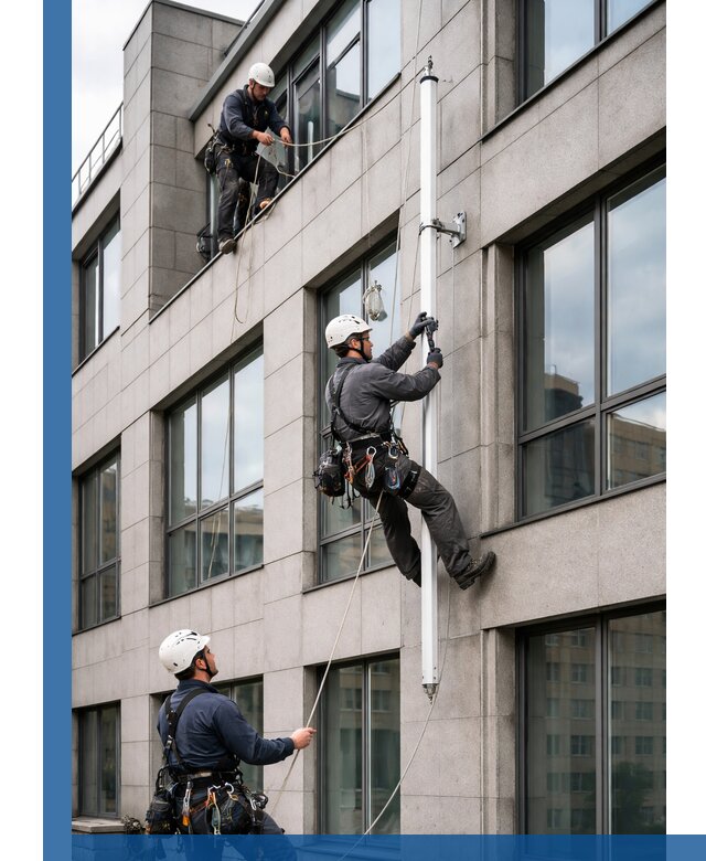 Монтаж флагштока на фасаде здания с креплением и герметикой в Нальчике