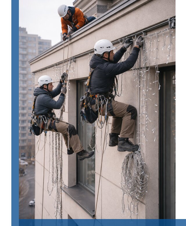 Монтаж праздничных гирлянд на фасаде в Нальчике для зданий