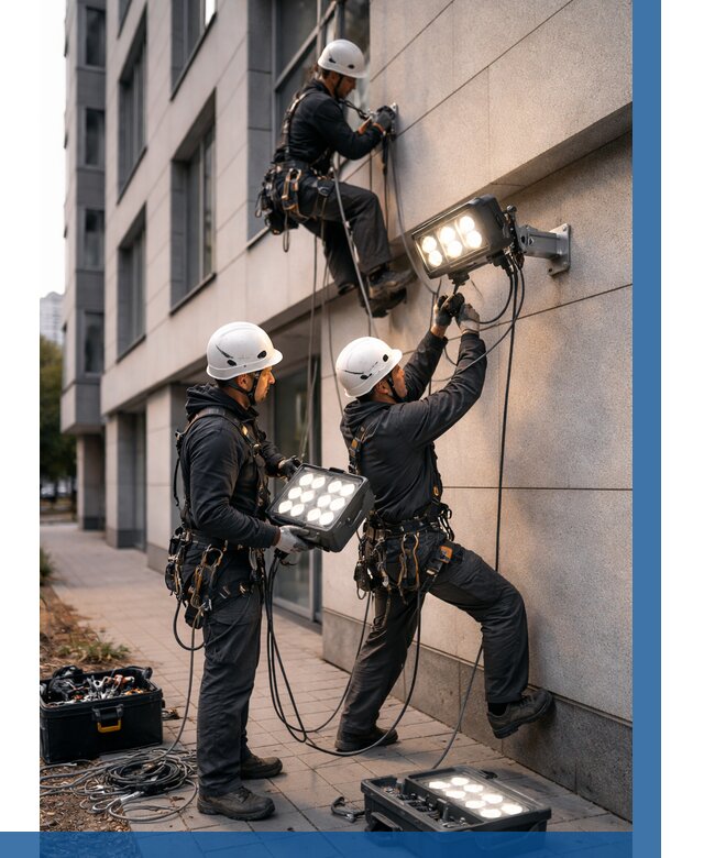 Монтаж прожекторов на фасаде в Нальчике от 7772 р. | ВЫСОТНИК-Нль