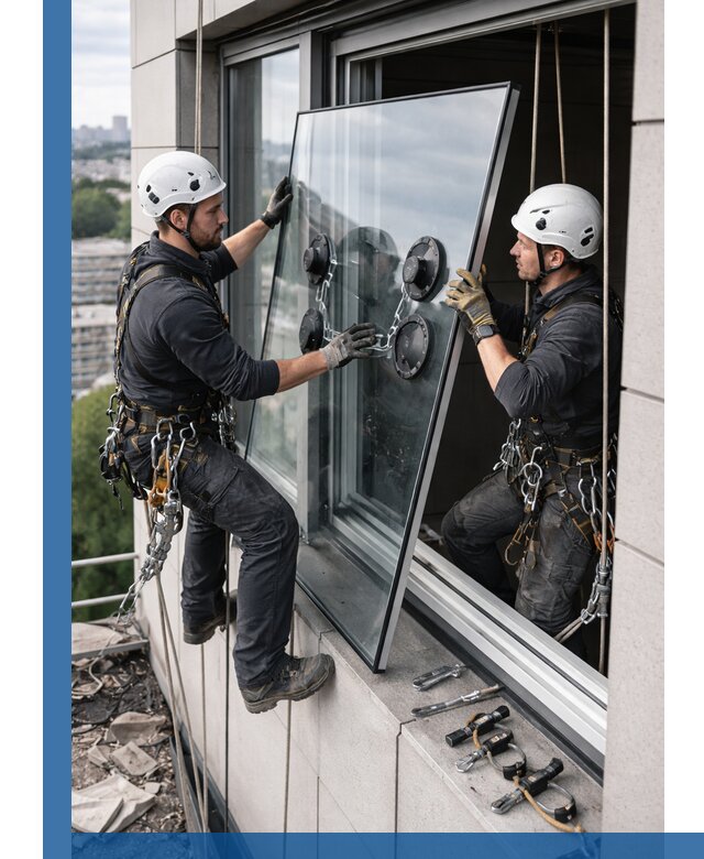 Замена стеклопакетов на высоте с промышленными альпинистами в Нальчике