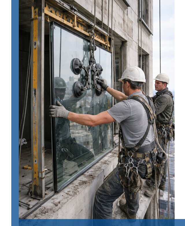 Монтаж стеклопакетов на высоте в Нальчике с промышленным альпинизмом