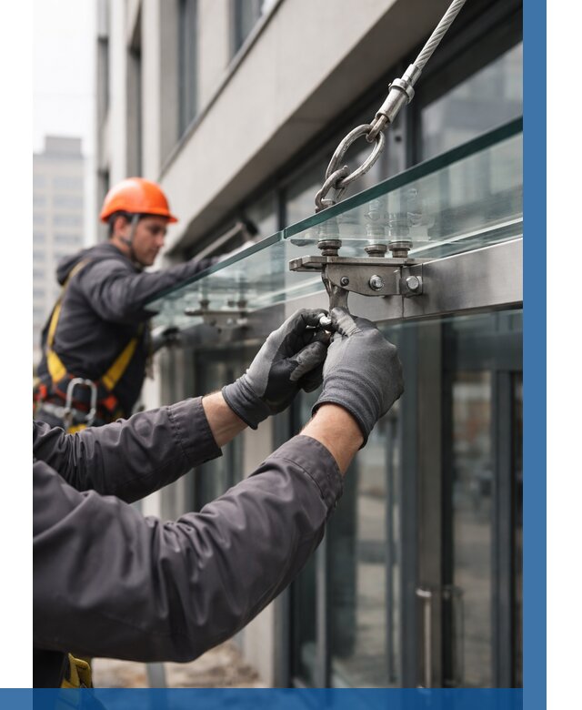 Монтаж стеклянных козырьков в Нальчике от 8809 р. | ВЫСОТНИК-Нль