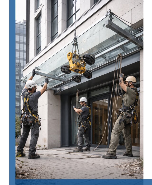 Монтаж стеклянных козырьков под ключ в Нальчике для зданий