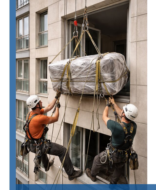 Подъем грузов через окно в Нальчике промышленными альпинистами