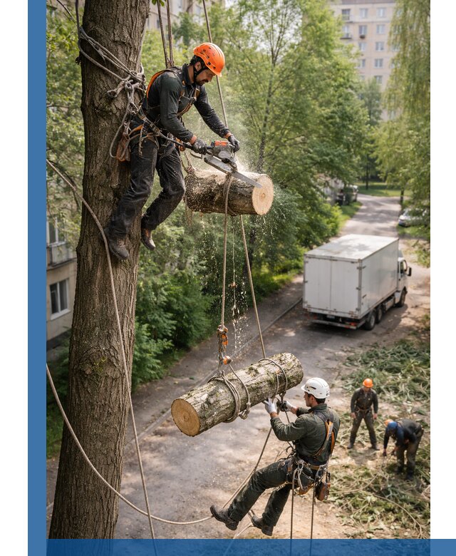 Спил деревьев альпинистами в Нальчике, безопасно и без повреждений