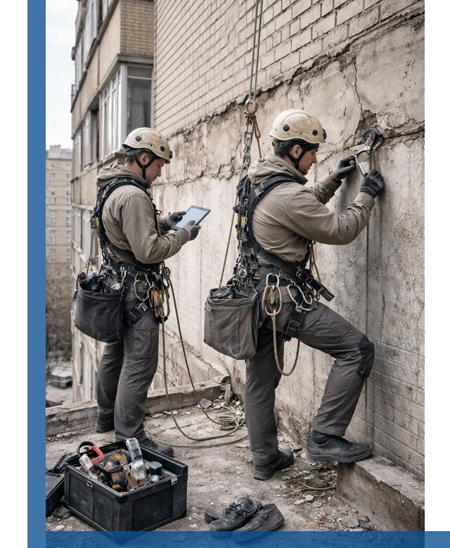 Обследование фасада промышленными альпинистами в Нальчике